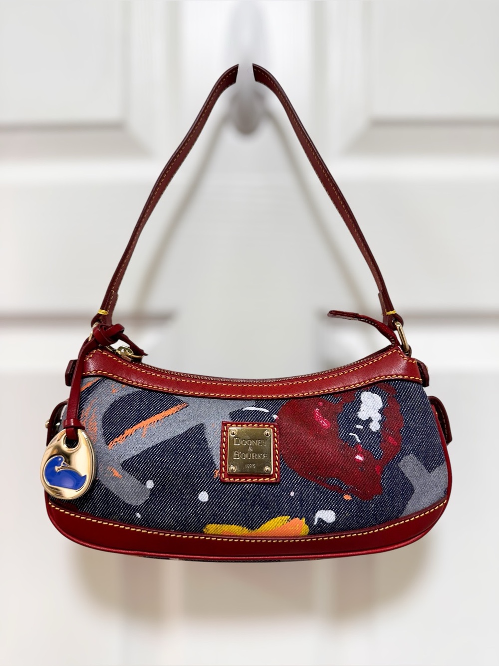 Dooney & Bourke Paint Splatter Denim Baguette Red Leather Mini Bag Made in Italy